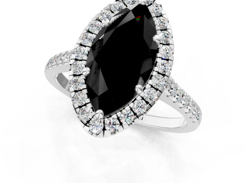White gold Fancy Black Marquise Cut Diamond Cushion Halo Ring with Pavé Band_1