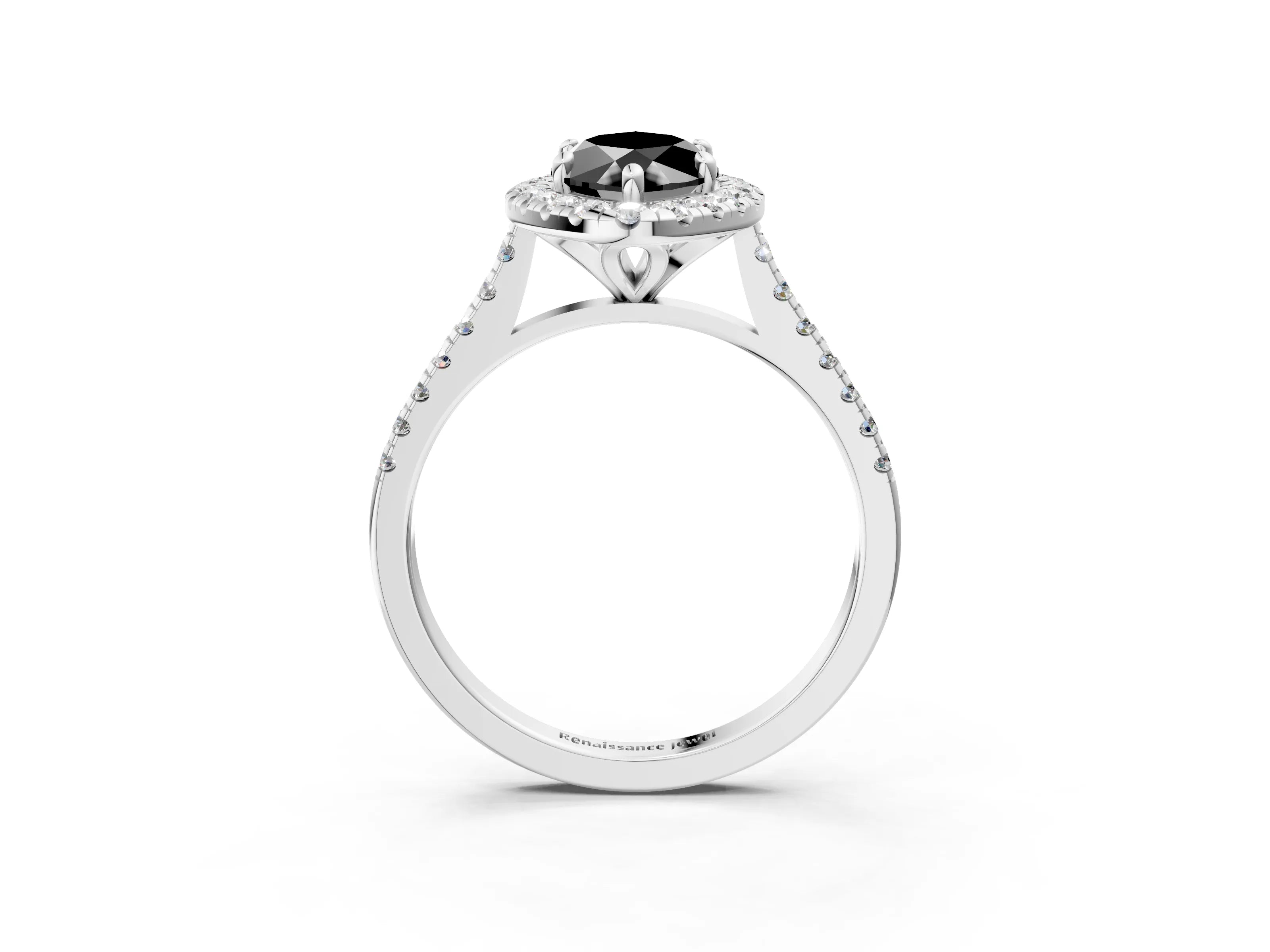 White gold Fancy Black Marquise Cut Diamond Cushion Halo Ring with Pavé Band_3