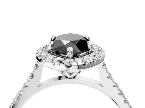 White gold Fancy Black Marquise Cut Diamond Cushion Halo Ring with Pavé Band_4