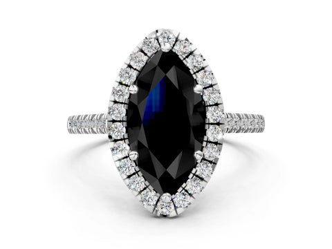 White gold Fancy Black Marquise Cut Diamond Cushion Halo Ring with Pavé Band