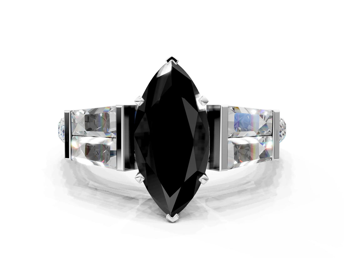 White gold Fancy Black Marquise Cut Diamond Engagement Ring with Baguette Side Stones and Channel Set Band_24