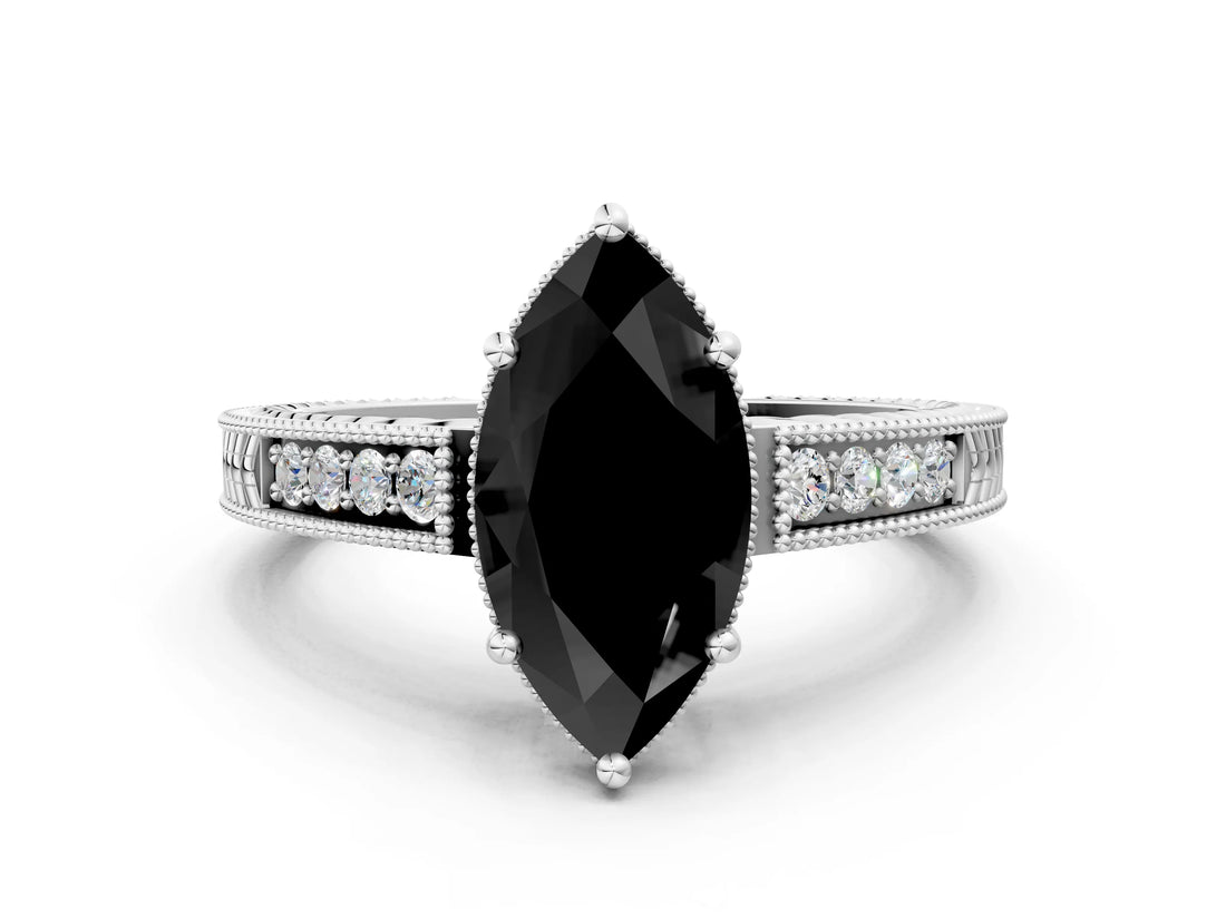 White gold Fancy Black Marquise Cut Diamond Engagement Ring with Milgrain Channel Set Band and Prong Setting