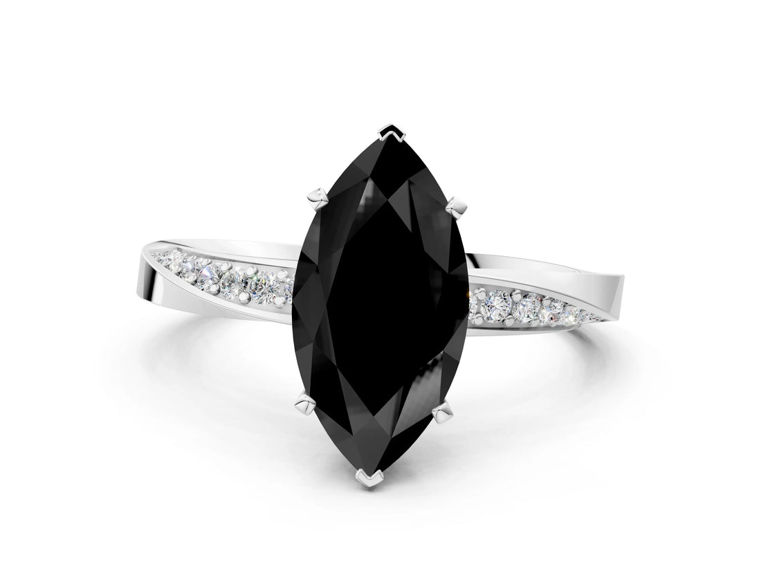 White gold Fancy Black Marquise Cut Diamond Engagement Ring with Side Stone Accents and Four-Prong Setting_24