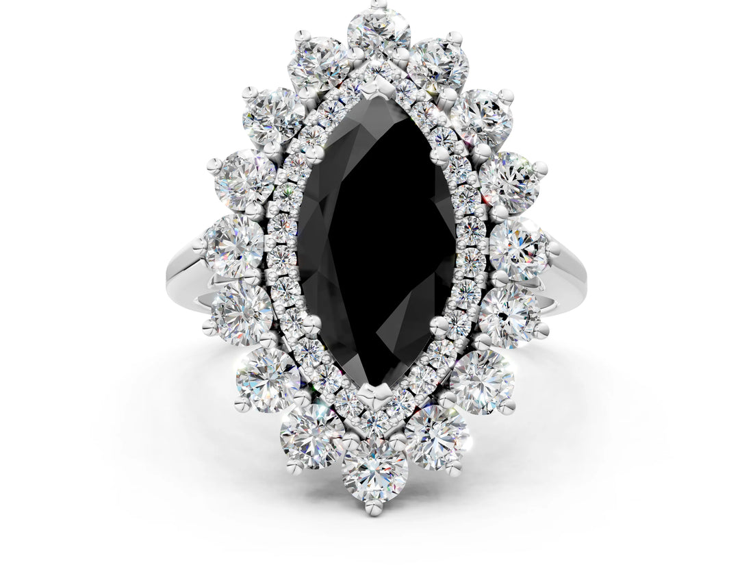 White gold Fancy Black Marquise Cut Diamond Floral Double Halo Engagement Ring with Prong Setting_84