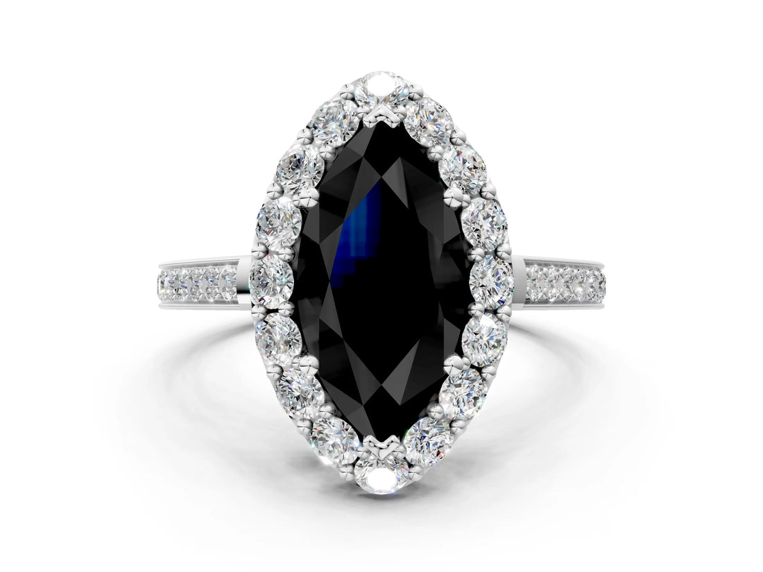 White gold Fancy Black Marquise Cut Diamond Floral Halo Ring with Pavé Band and Prong Setting_7