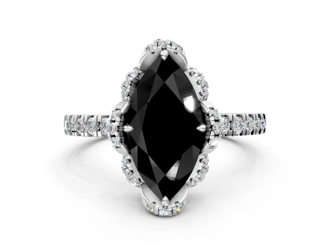 White gold Fancy Black Marquise Cut Diamond Halo Pave Band with Four-Prong Setting_3