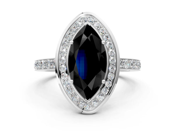 White gold Fancy Black Marquise Cut Diamond Halo Ring with Bezel Frame and Pavé Band