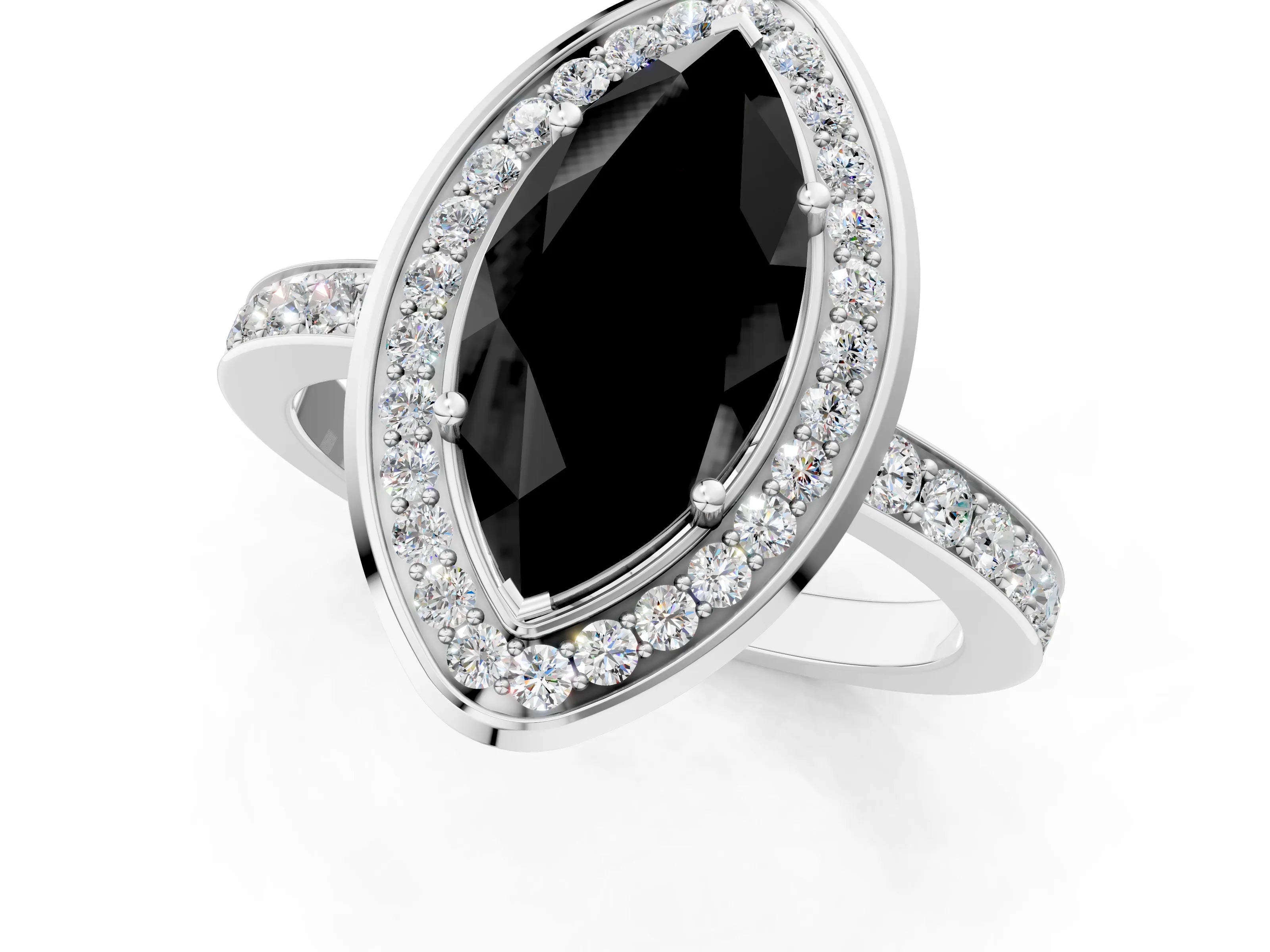 White gold Fancy Black Marquise Cut Diamond Halo Ring with Bezel Frame and Pavé Band_1