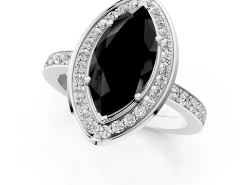White gold Fancy Black Marquise Cut Diamond Halo Ring with Bezel Frame and Pavé Band_1