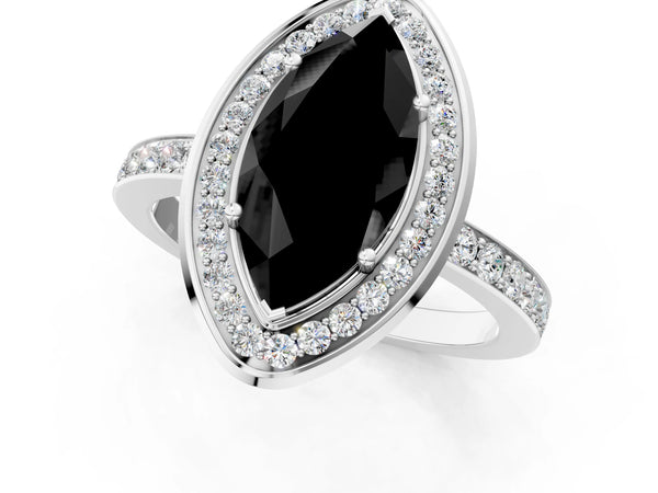 White gold Fancy Black Marquise Cut Diamond Halo Ring with Bezel Frame and Pavé Band