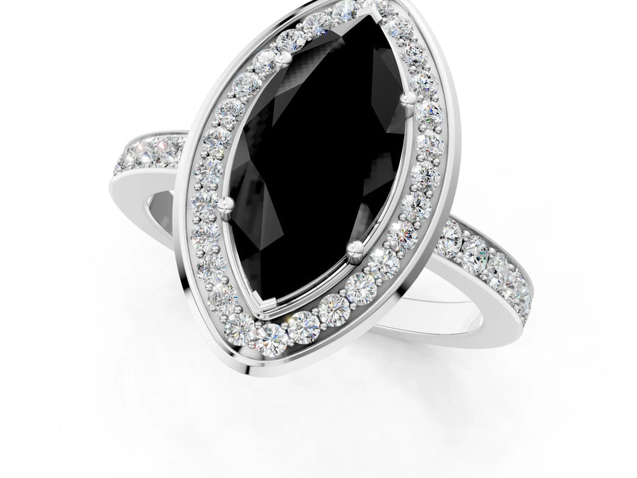 White gold Fancy Black Marquise Cut Diamond Halo Ring with Bezel Frame and Pavé Band