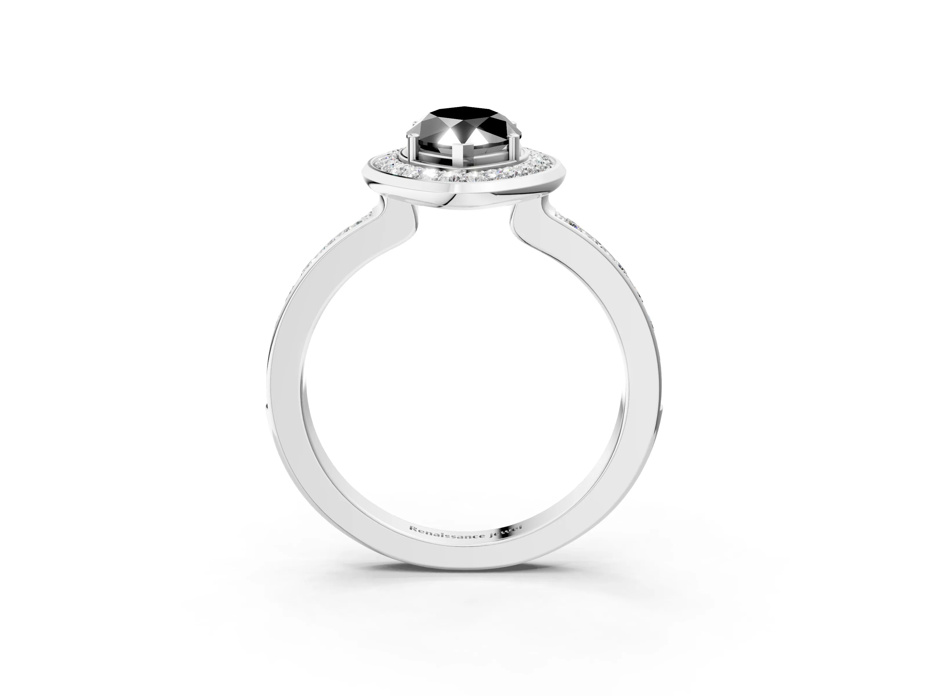 White gold Fancy Black Marquise Cut Diamond Halo Ring with Bezel Frame and Pavé Band_3