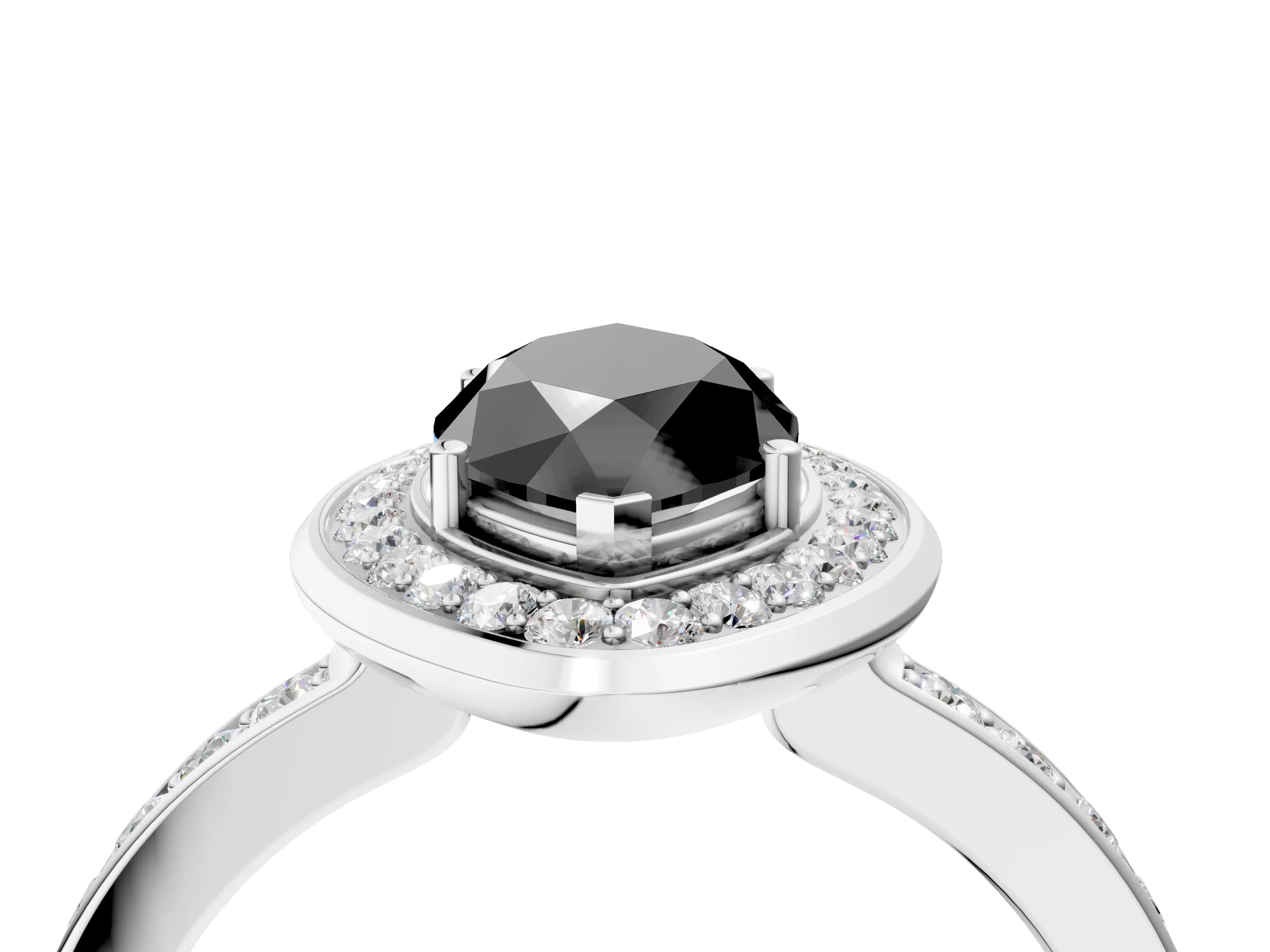 White gold Fancy Black Marquise Cut Diamond Halo Ring with Bezel Frame and Pavé Band_4