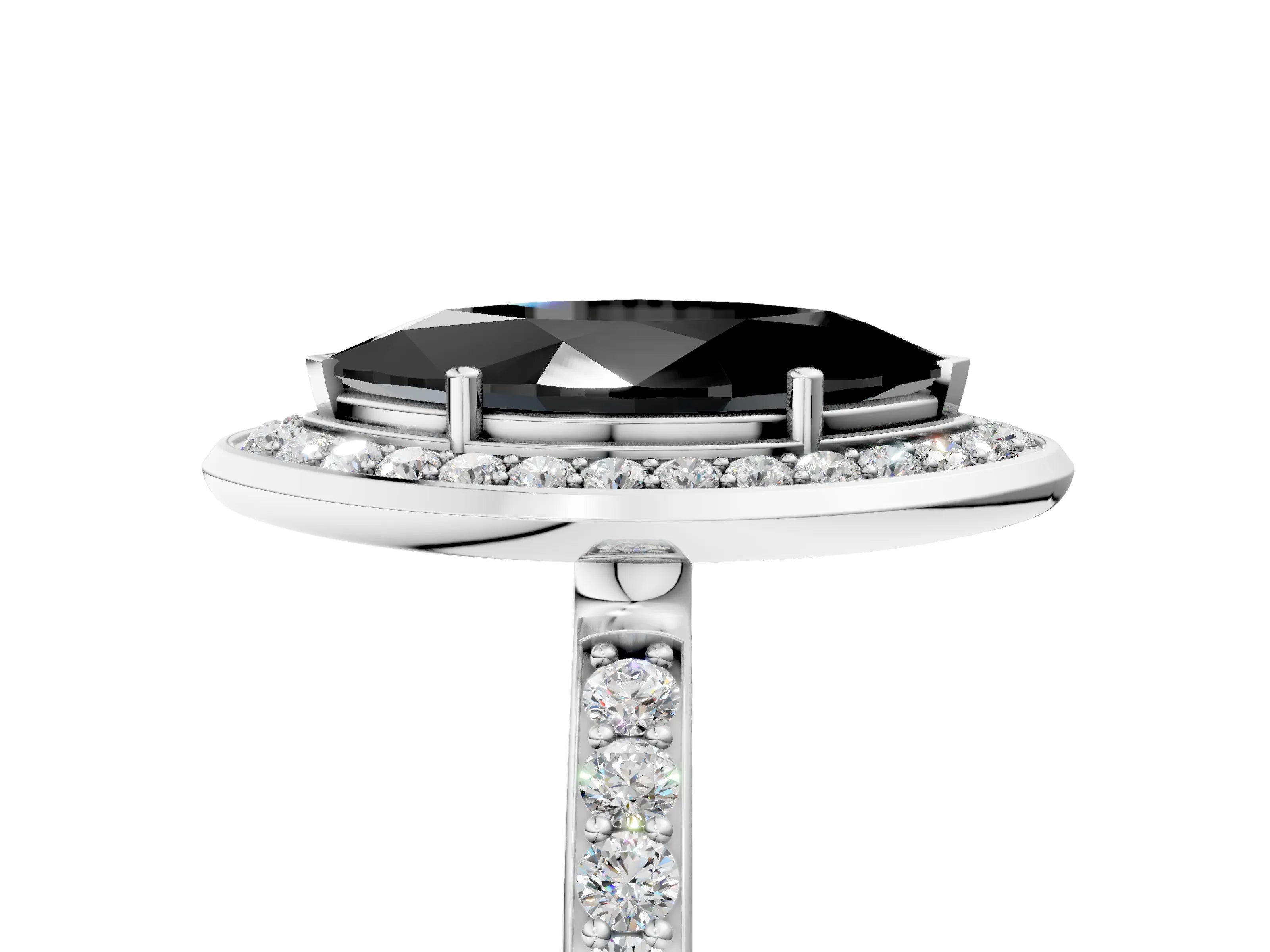 White gold Fancy Black Marquise Cut Diamond Halo Ring with Bezel Frame and Pavé Band_5