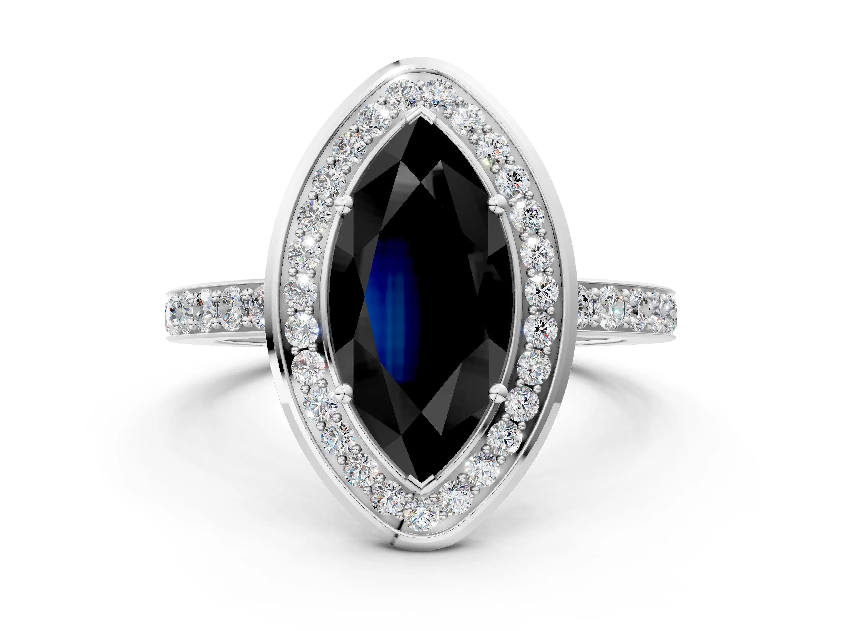 White gold Fancy Black Marquise Cut Diamond Halo Ring with Bezel Frame and Pavé Band