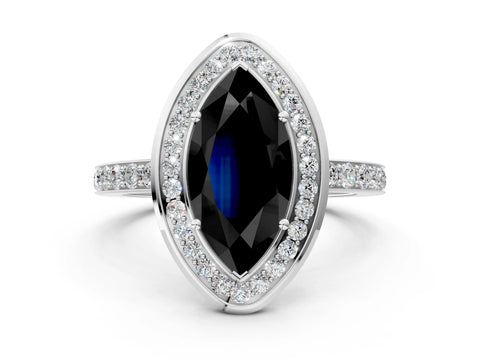 White gold Fancy Black Marquise Cut Diamond Halo Ring with Bezel Frame and Pavé Band