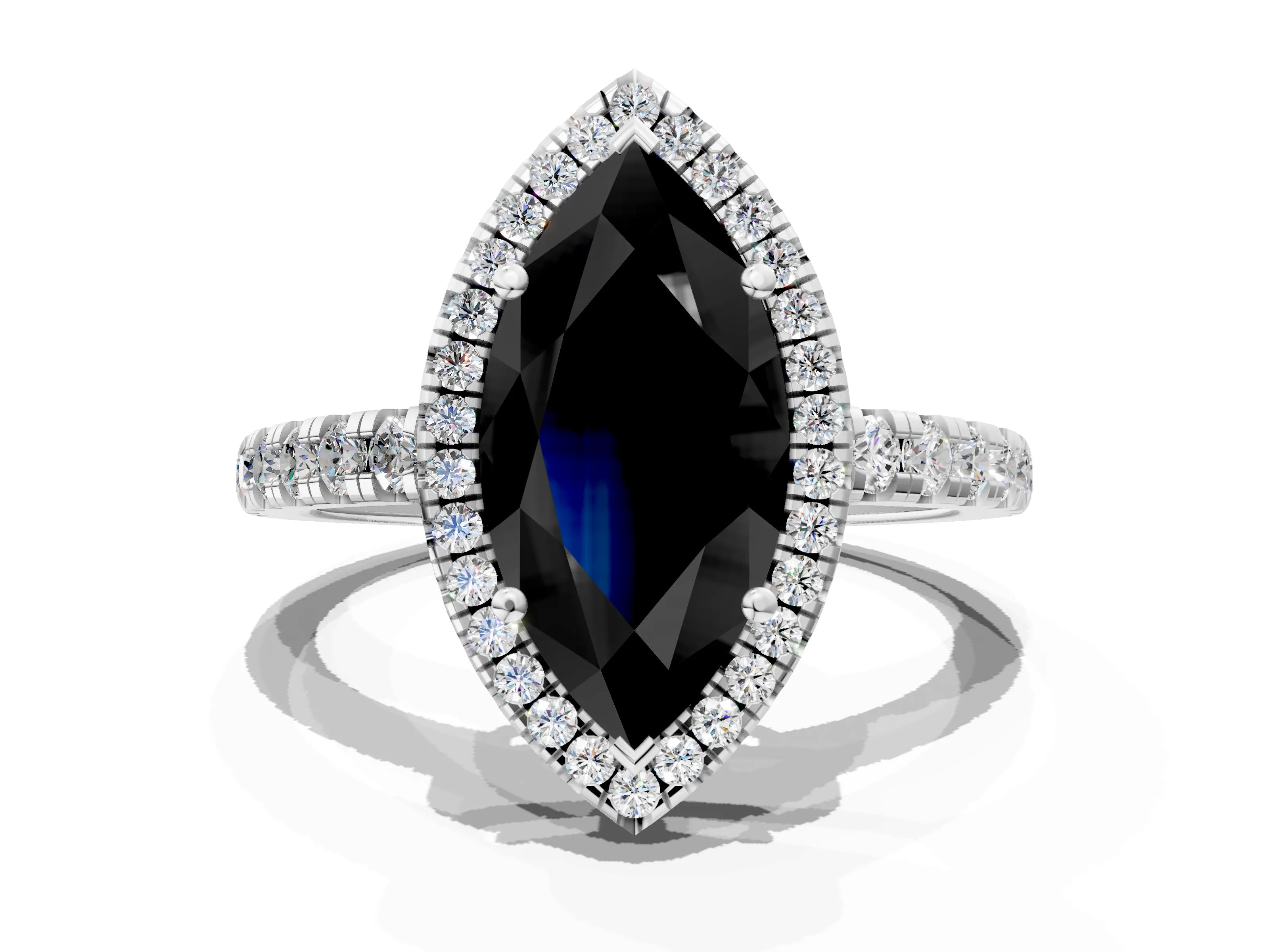 White gold Fancy Black Marquise Cut Diamond Halo Ring with Pavé Band and Four-Prong Setting