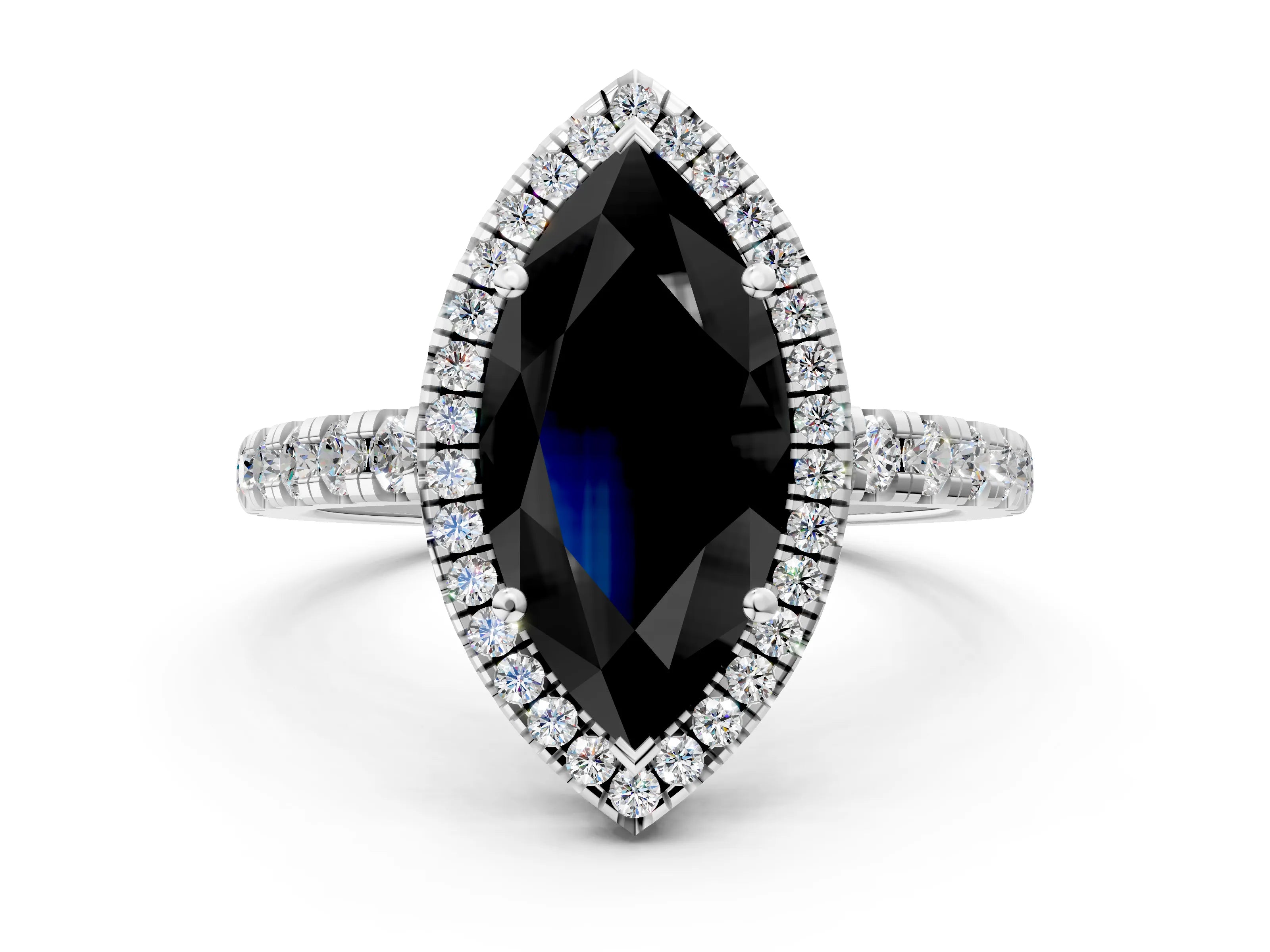White gold Fancy Black Marquise Cut Diamond Halo Ring with Pavé Band and Four-Prong Setting_12