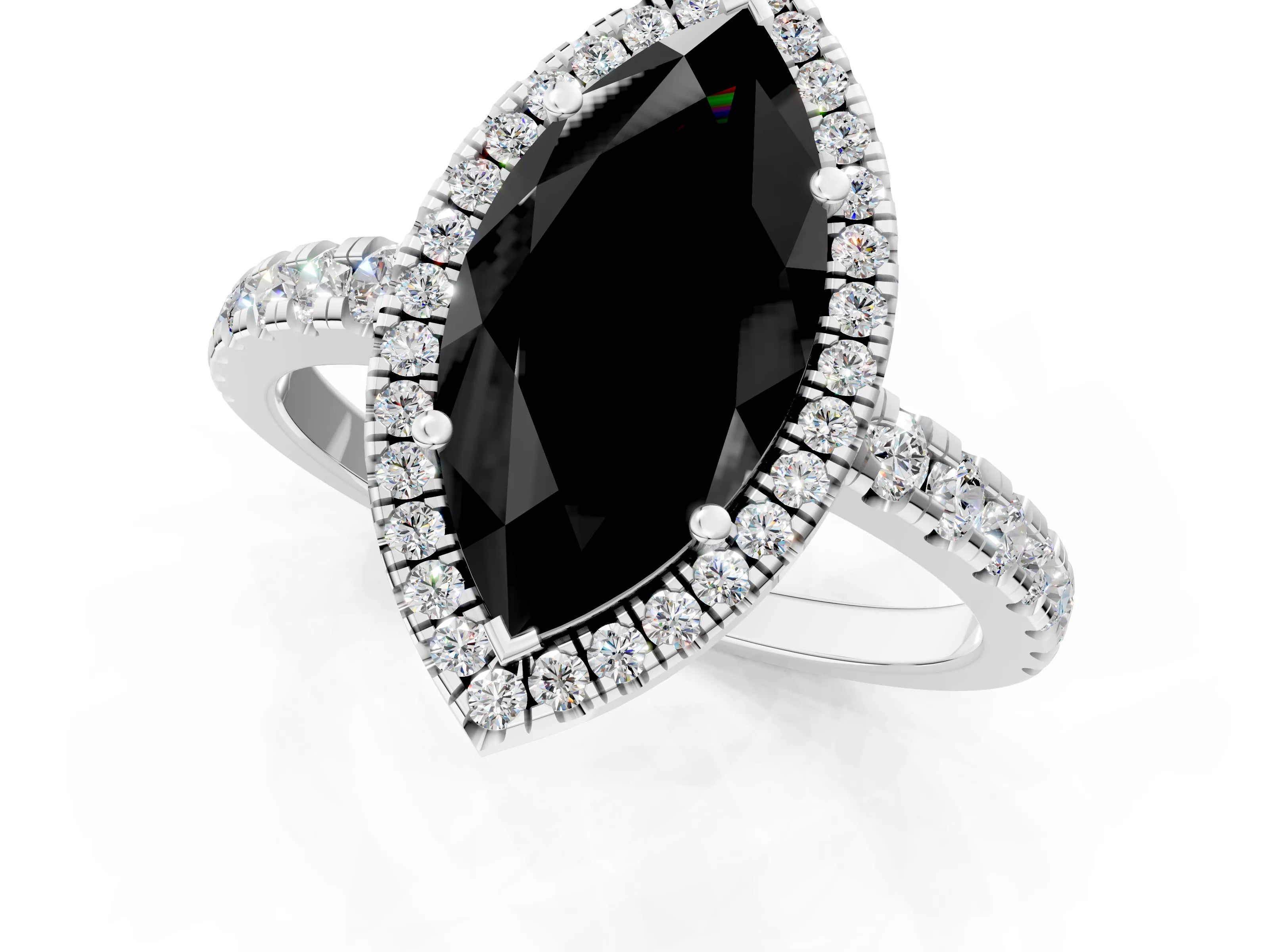 White gold Fancy Black Marquise Cut Diamond Halo Ring with Pavé Band and Four-Prong Setting_13
