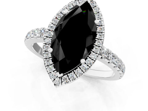 White gold Fancy Black Marquise Cut Diamond Halo Ring with Pavé Band and Four-Prong Setting_13