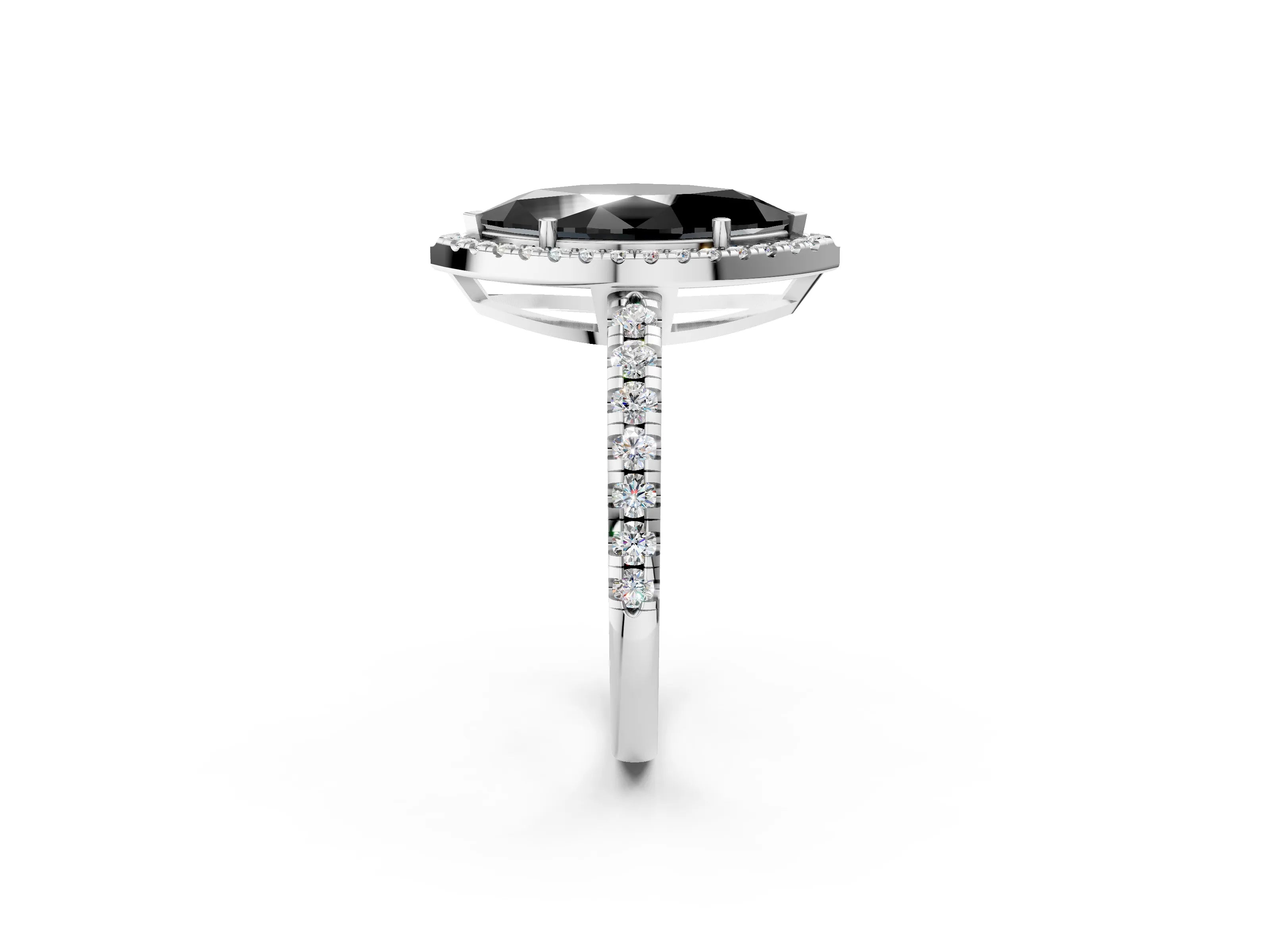 White gold Fancy Black Marquise Cut Diamond Halo Ring with Pavé Band and Four-Prong Setting_14