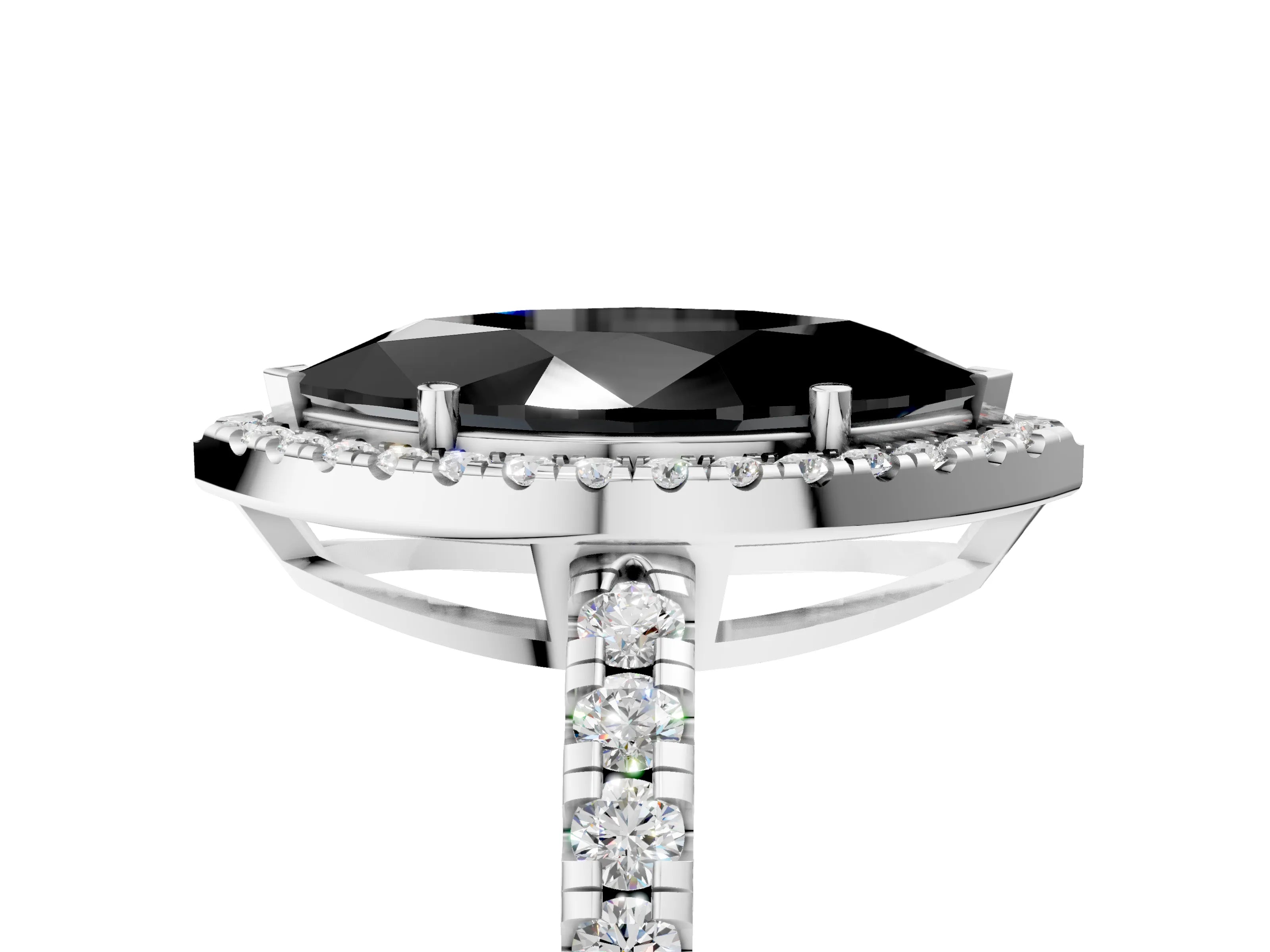 White gold Fancy Black Marquise Cut Diamond Halo Ring with Pavé Band and Four-Prong Setting_17