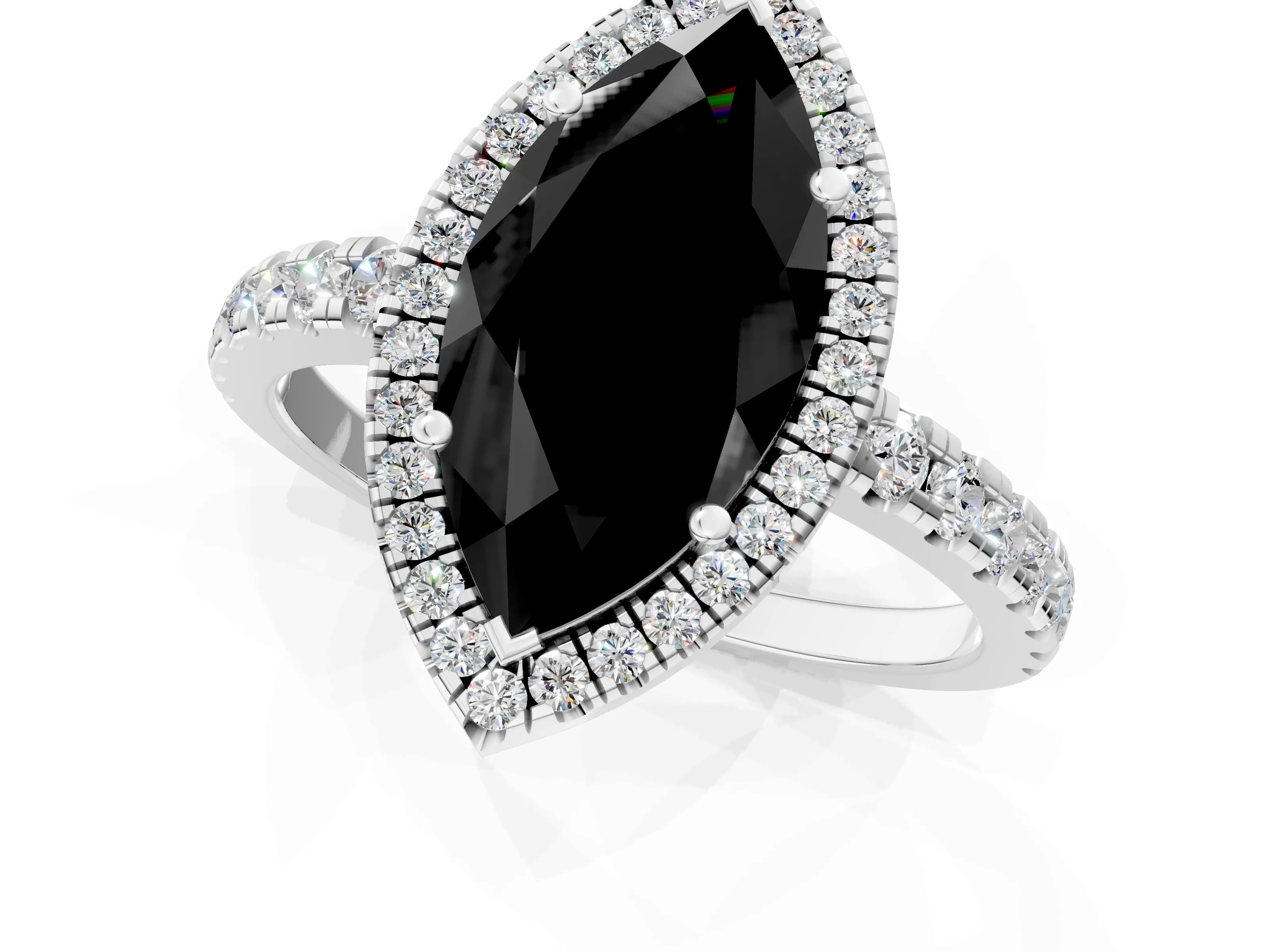 White gold Fancy Black Marquise Cut Diamond Halo Ring with Pavé Band and Four-Prong Setting_1