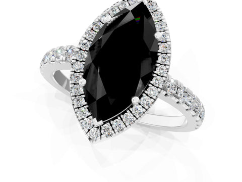 White gold Fancy Black Marquise Cut Diamond Halo Ring with Pavé Band and Four-Prong Setting_1