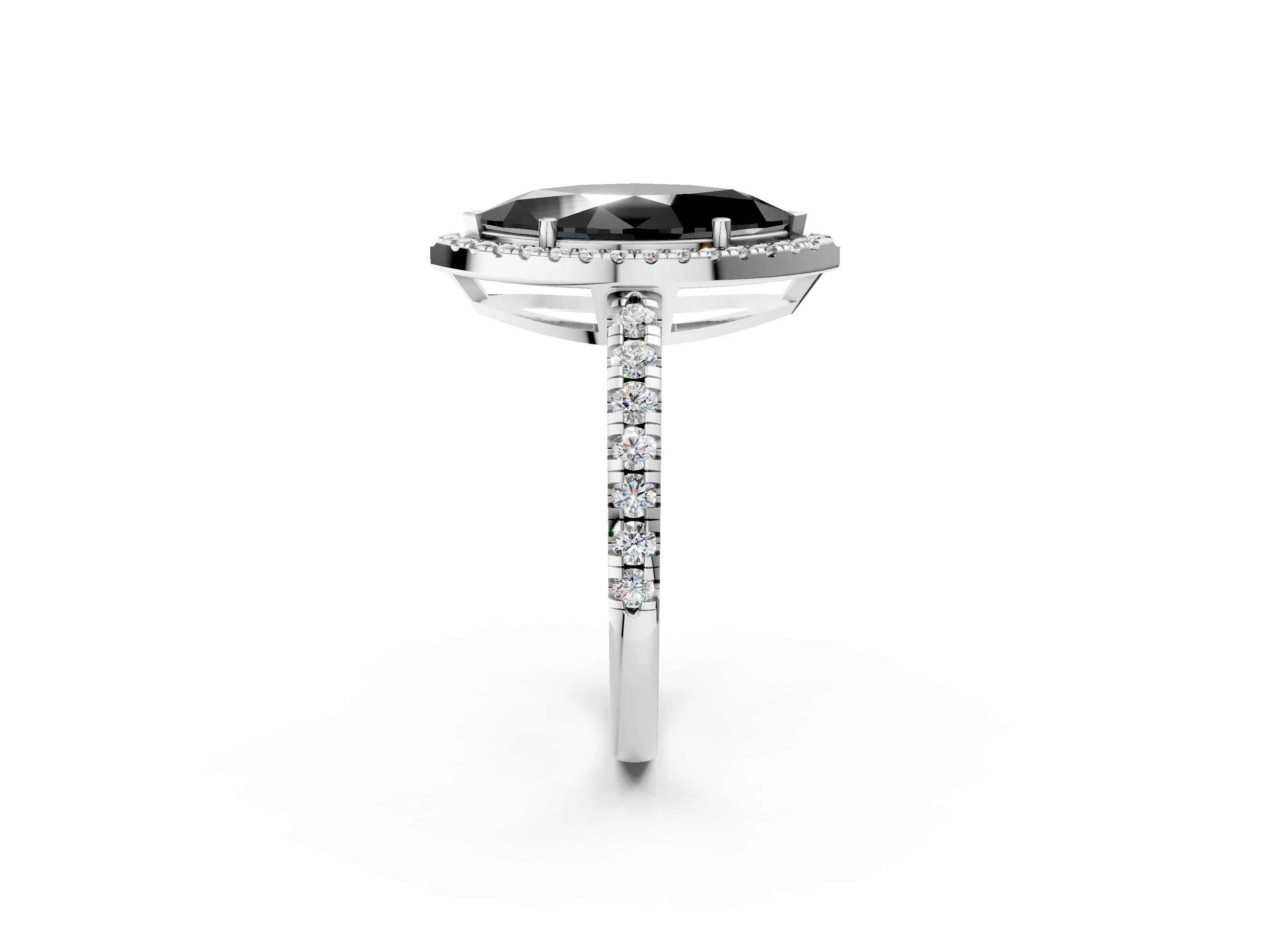 White gold Fancy Black Marquise Cut Diamond Halo Ring with Pavé Band and Four-Prong Setting_2