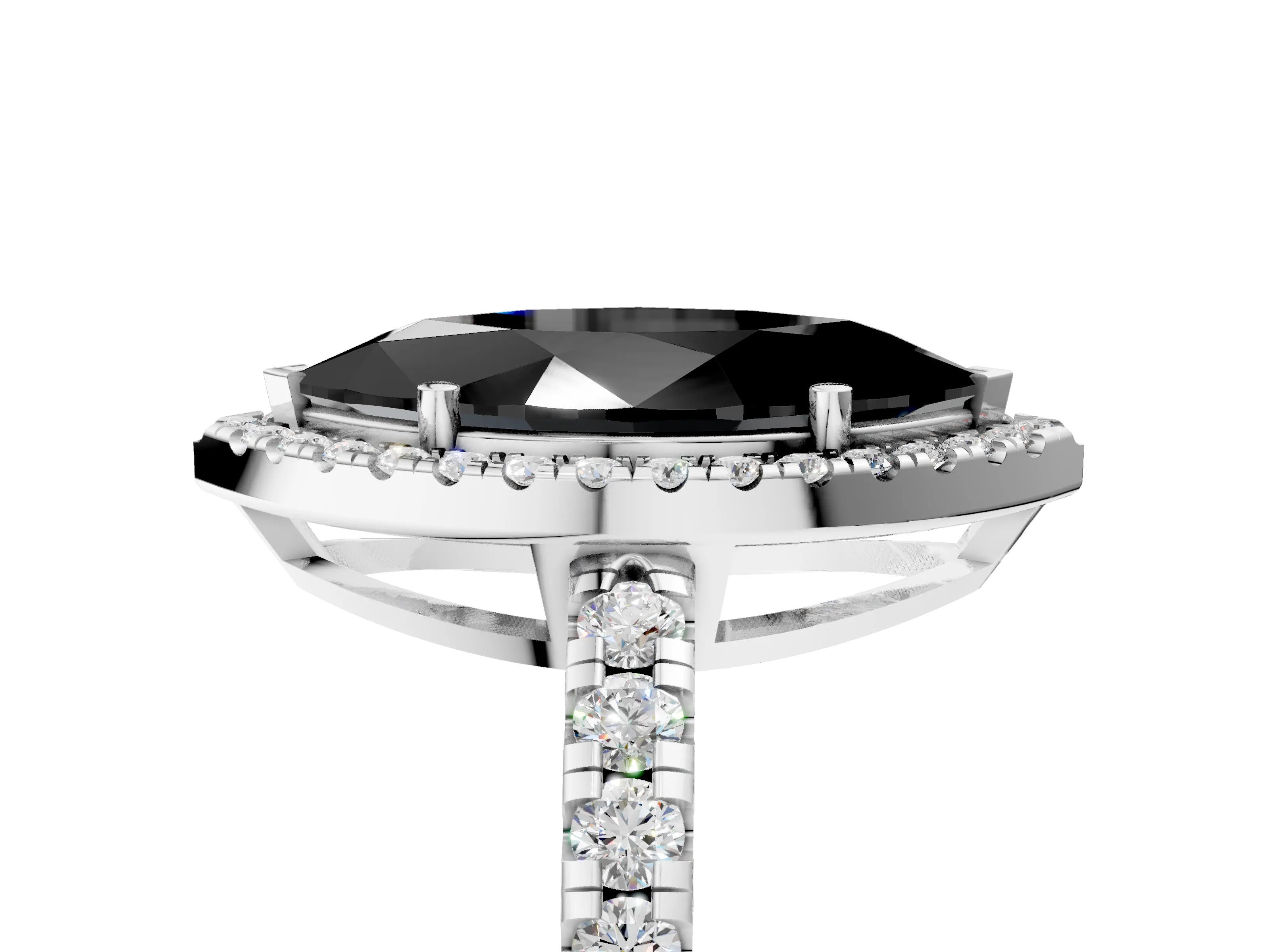 White gold Fancy Black Marquise Cut Diamond Halo Ring with Pavé Band and Four-Prong Setting_5