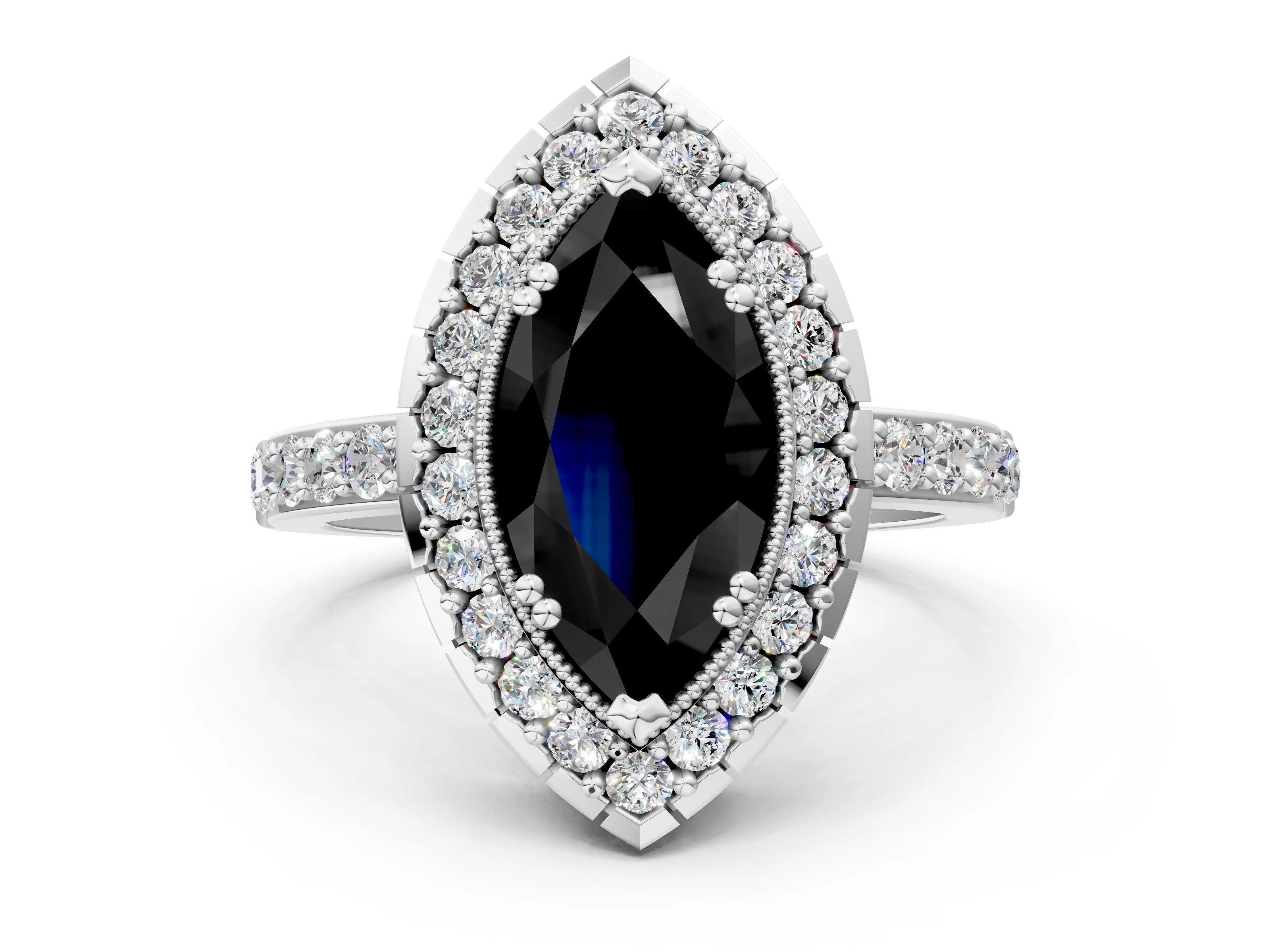 White gold Fancy Black Marquise Cut Diamond Halo Ring with Pavé Band and Prong Setting_12