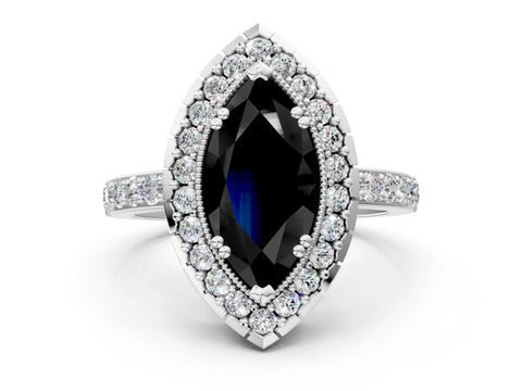 White gold Fancy Black Marquise Cut Diamond Halo Ring with Pavé Band and Prong Setting_12