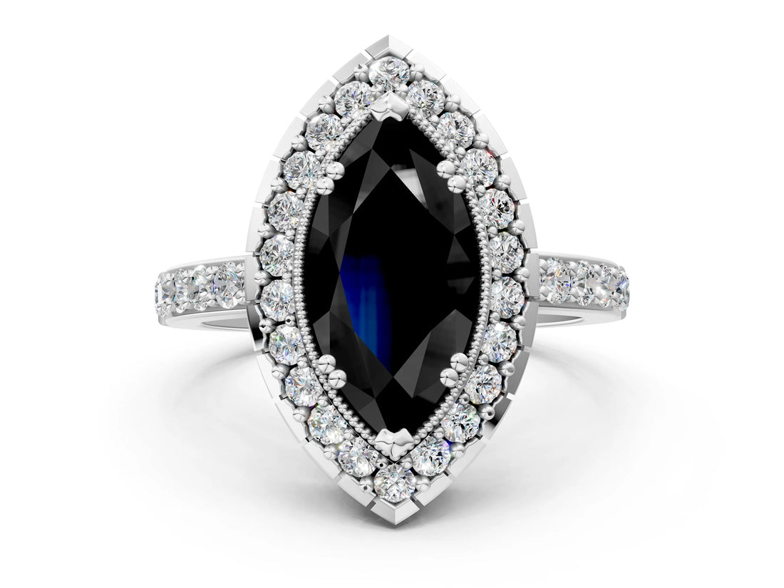 White gold Fancy Black Marquise Cut Diamond Halo Ring with Pavé Band and Prong Setting_12