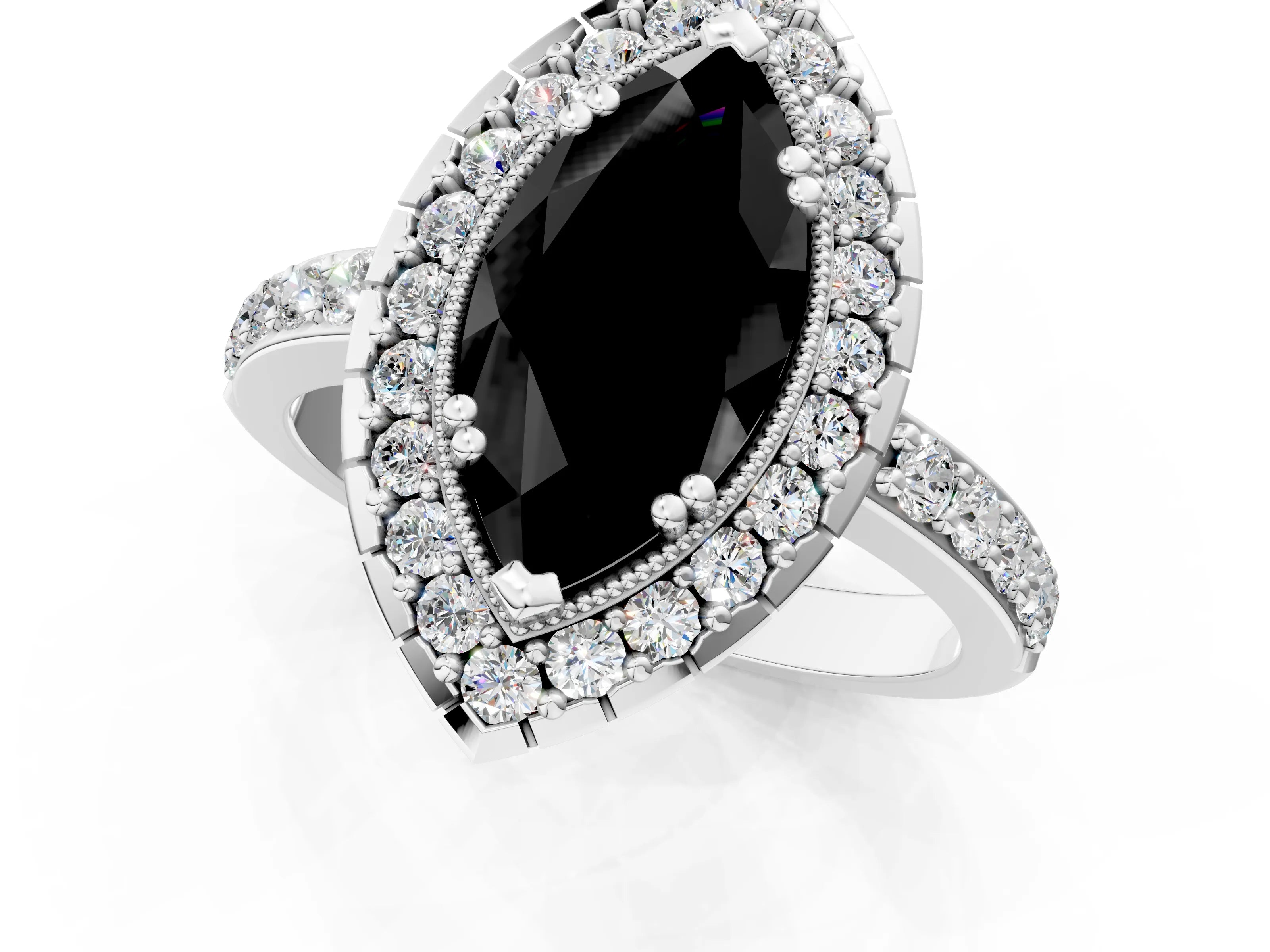 White gold Fancy Black Marquise Cut Diamond Halo Ring with Pavé Band and Prong Setting_13