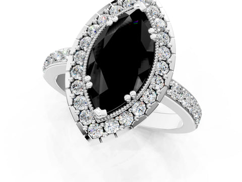 White gold Fancy Black Marquise Cut Diamond Halo Ring with Pavé Band and Prong Setting_13
