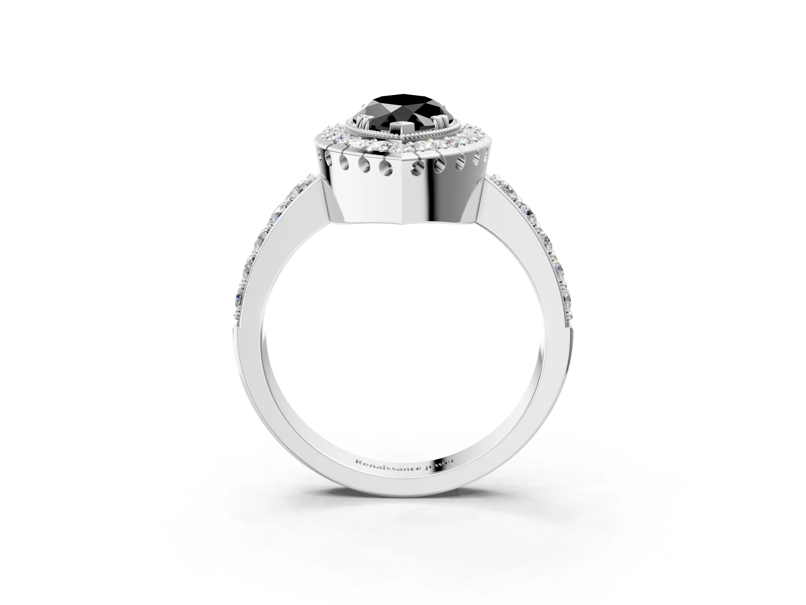 White gold Fancy Black Marquise Cut Diamond Halo Ring with Pavé Band and Prong Setting_15