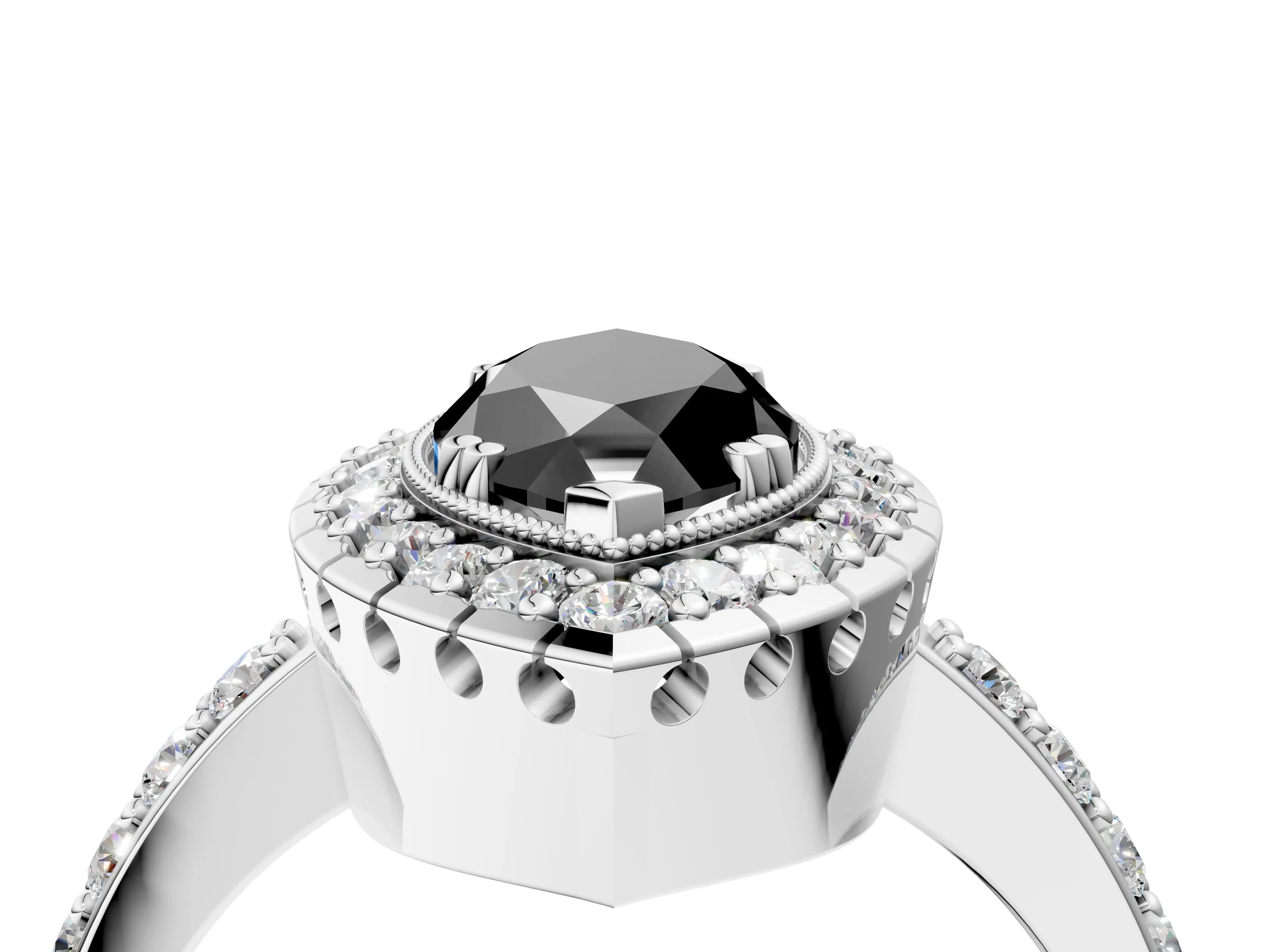 White gold Fancy Black Marquise Cut Diamond Halo Ring with Pavé Band and Prong Setting_16