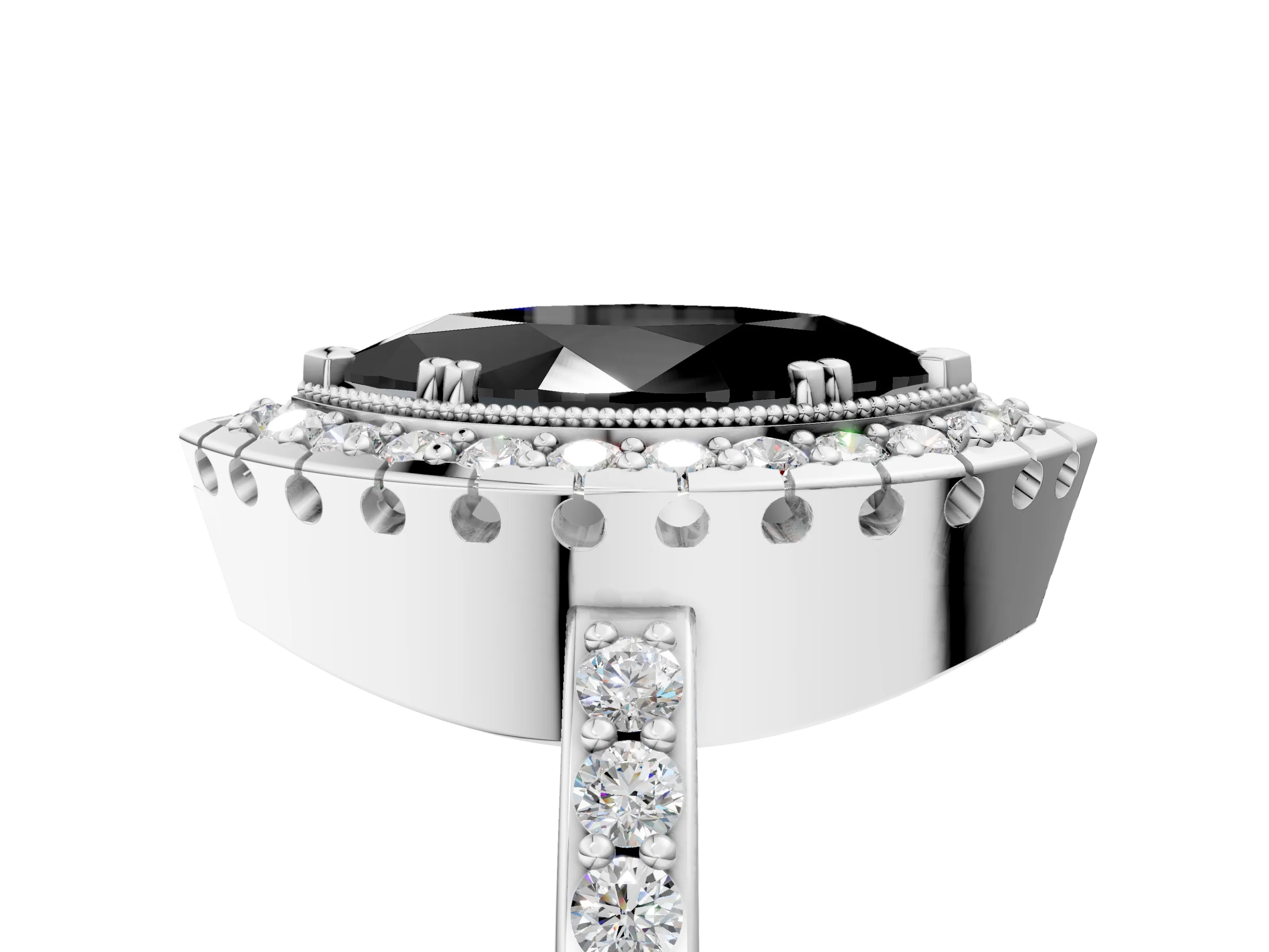 White gold Fancy Black Marquise Cut Diamond Halo Ring with Pavé Band and Prong Setting_17