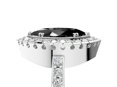 White gold Fancy Black Marquise Cut Diamond Halo Ring with Pavé Band and Prong Setting_17