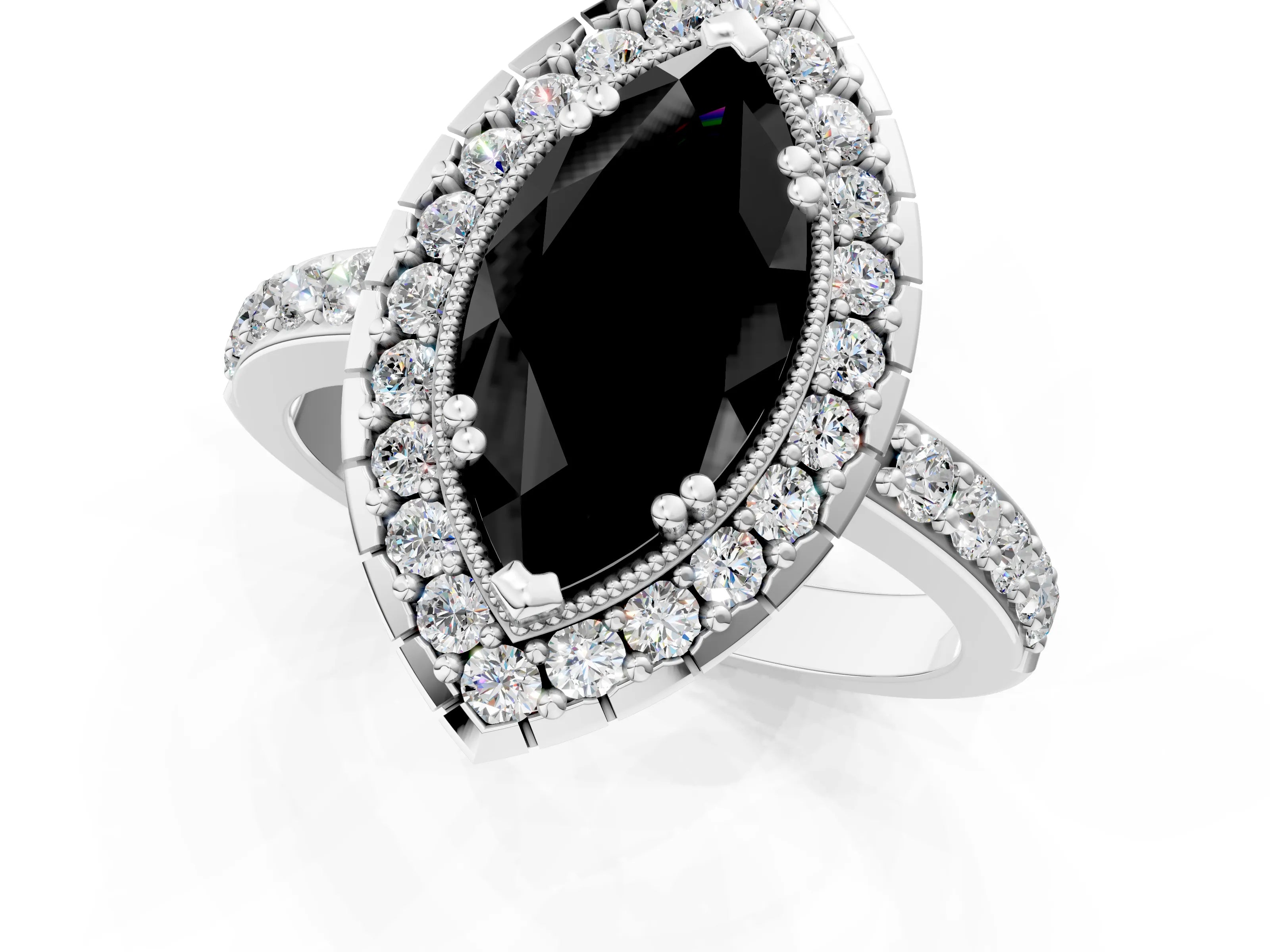 White gold Fancy Black Marquise Cut Diamond Halo Ring with Pavé Band and Prong Setting_1