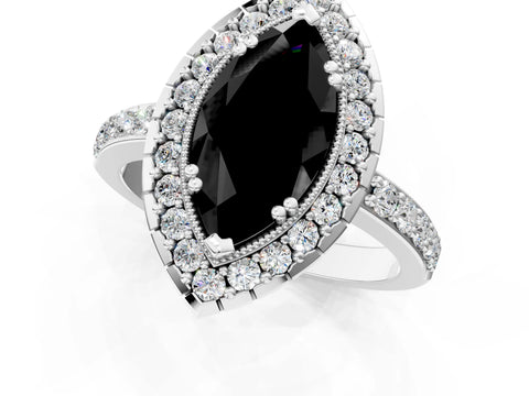 White gold Fancy Black Marquise Cut Diamond Halo Ring with Pavé Band and Prong Setting_1