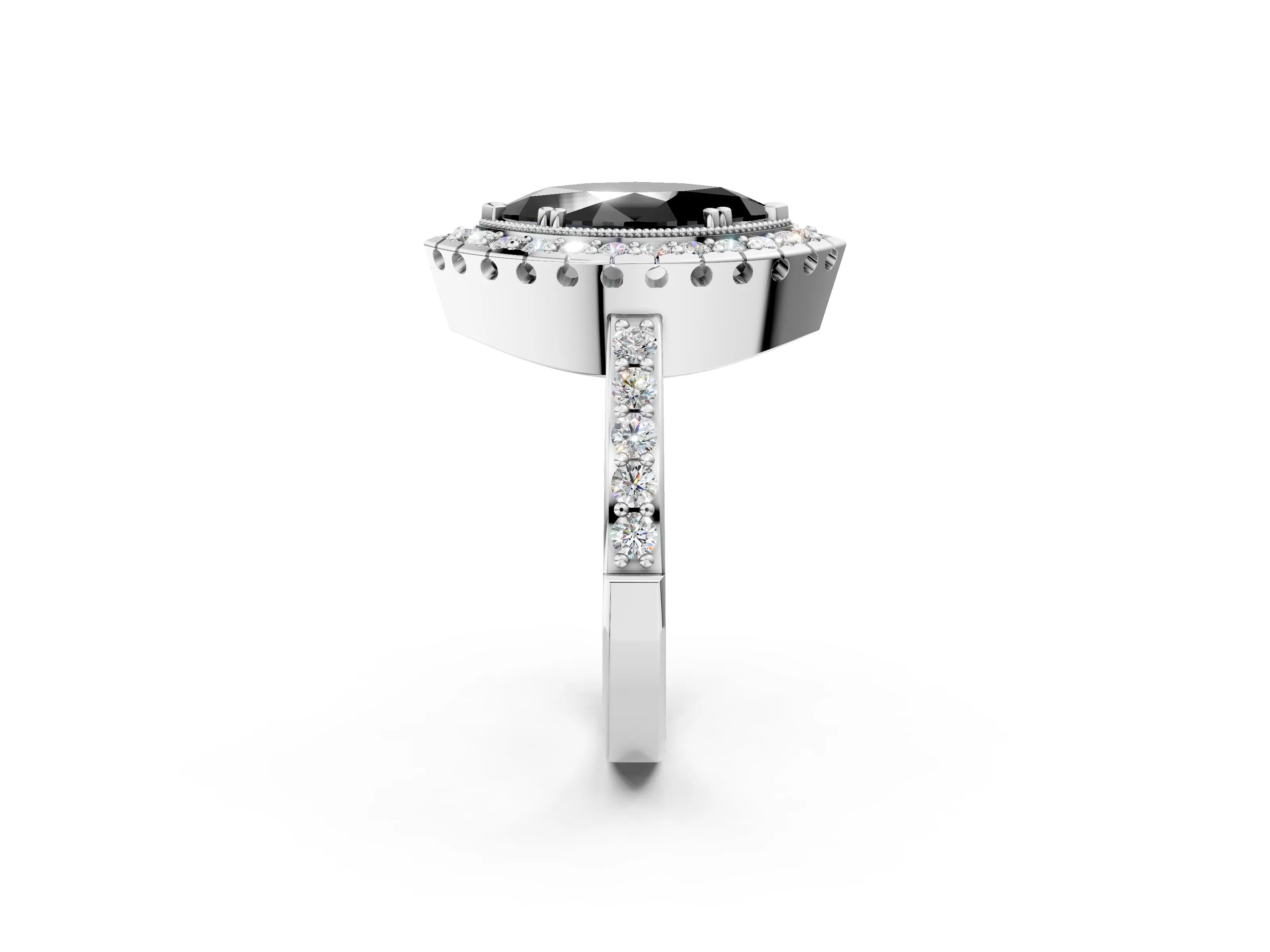 White gold Fancy Black Marquise Cut Diamond Halo Ring with Pavé Band and Prong Setting_2