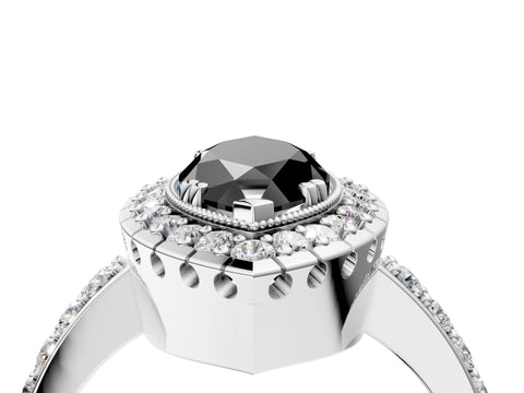 White gold Fancy Black Marquise Cut Diamond Halo Ring with Pavé Band and Prong Setting_4