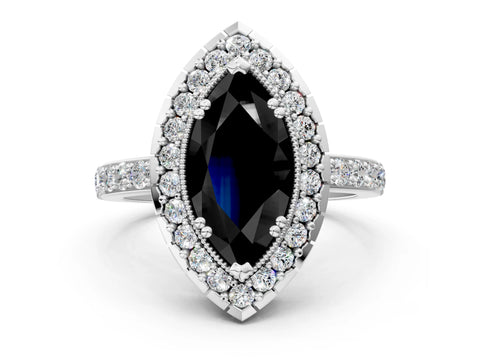 White gold Fancy Black Marquise Cut Diamond Halo Ring with Pavé Band and Prong Setting
