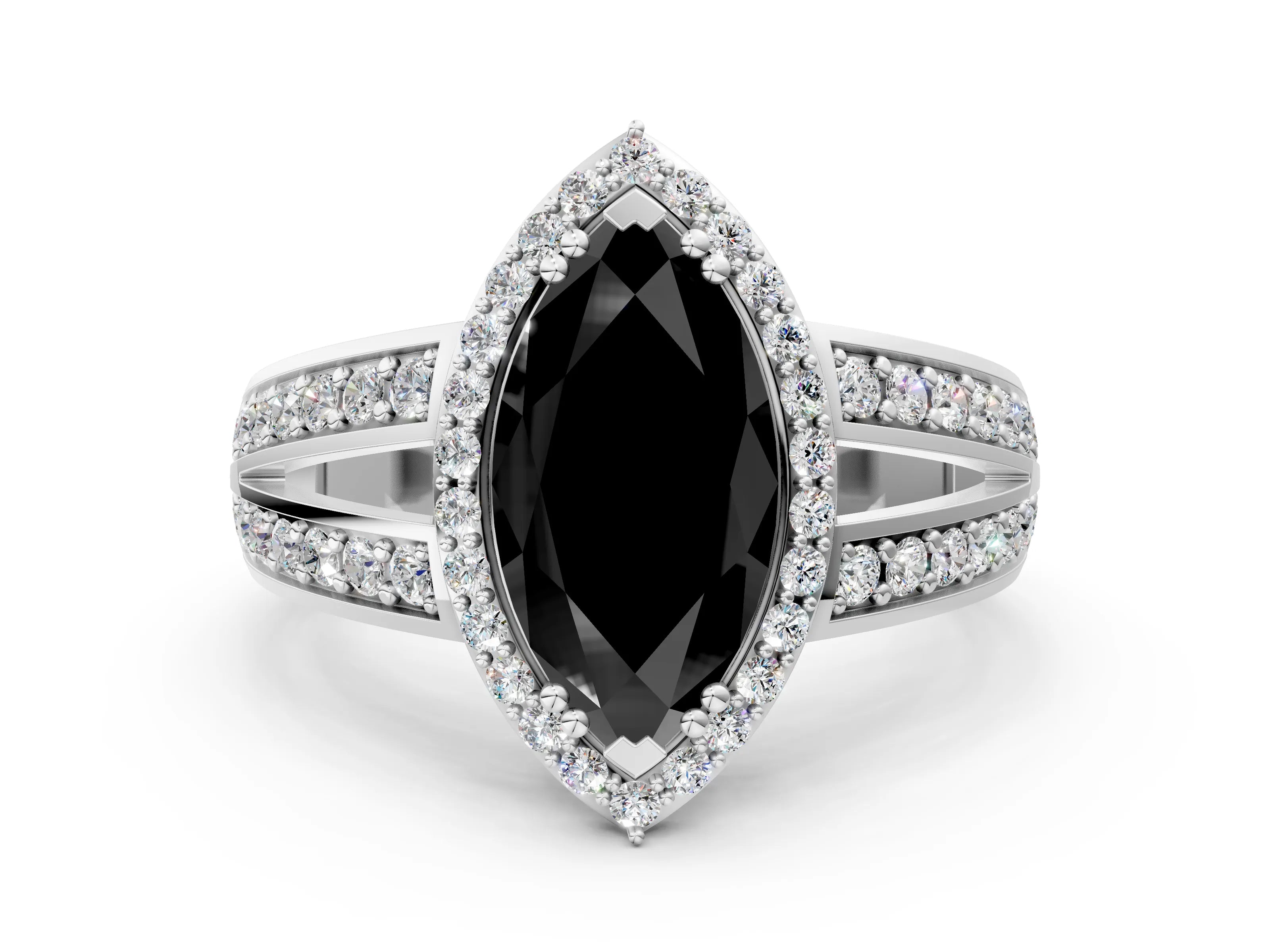 White gold Fancy Black Marquise Cut Diamond Halo Ring with Split Shank Pavé Band and Four-Prong Setting_12
