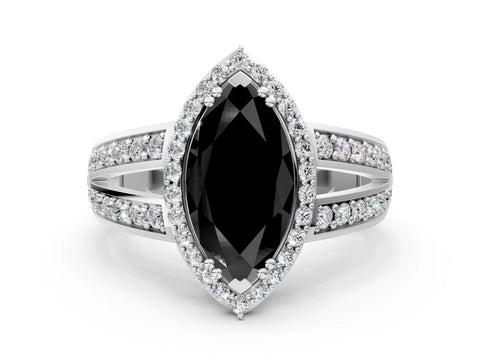 White gold Fancy Black Marquise Cut Diamond Halo Ring with Split Shank Pavé Band and Four-Prong Setting_12