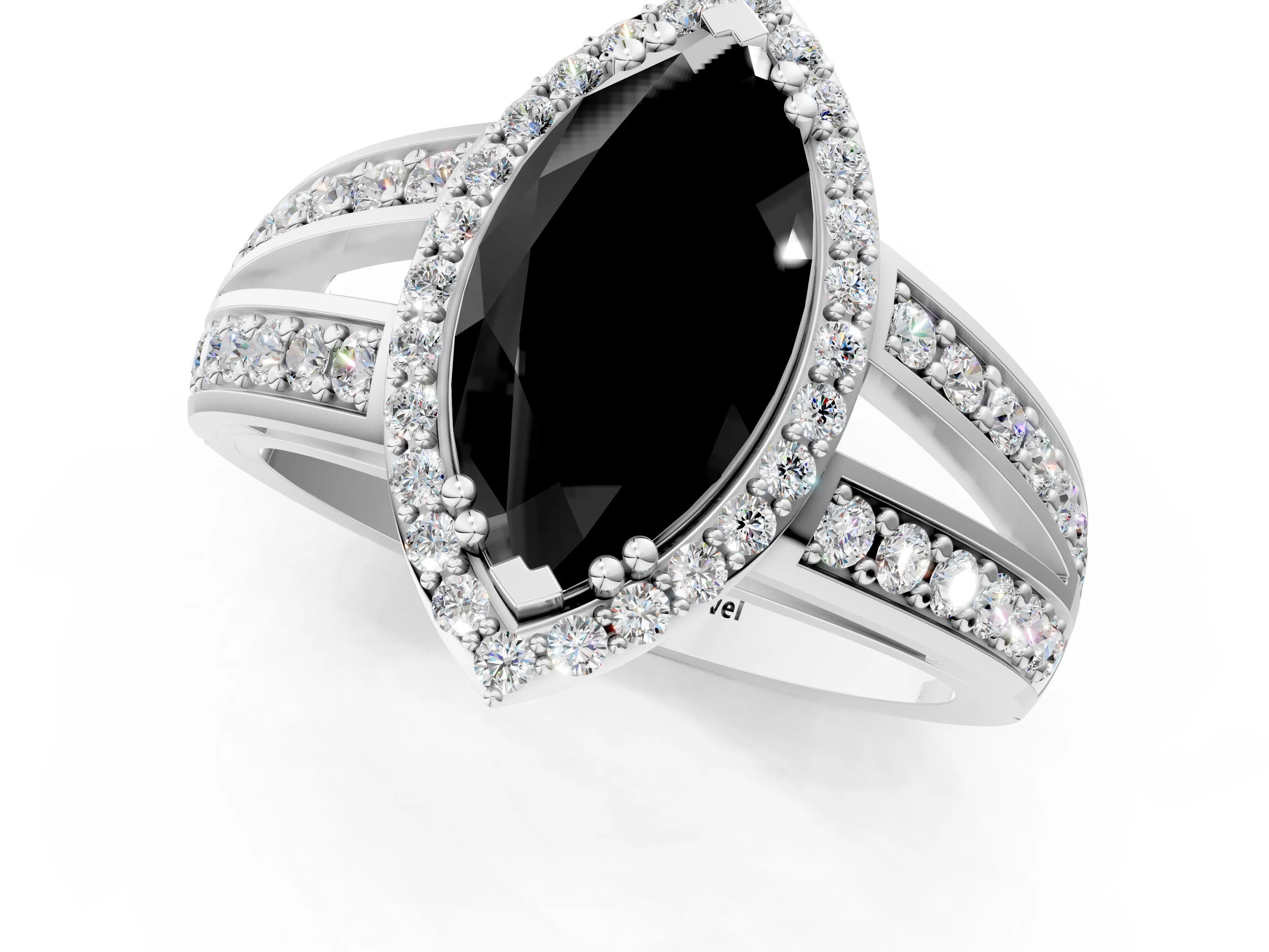 White gold Fancy Black Marquise Cut Diamond Halo Ring with Split Shank Pavé Band and Four-Prong Setting_13