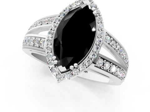 White gold Fancy Black Marquise Cut Diamond Halo Ring with Split Shank Pavé Band and Four-Prong Setting_13