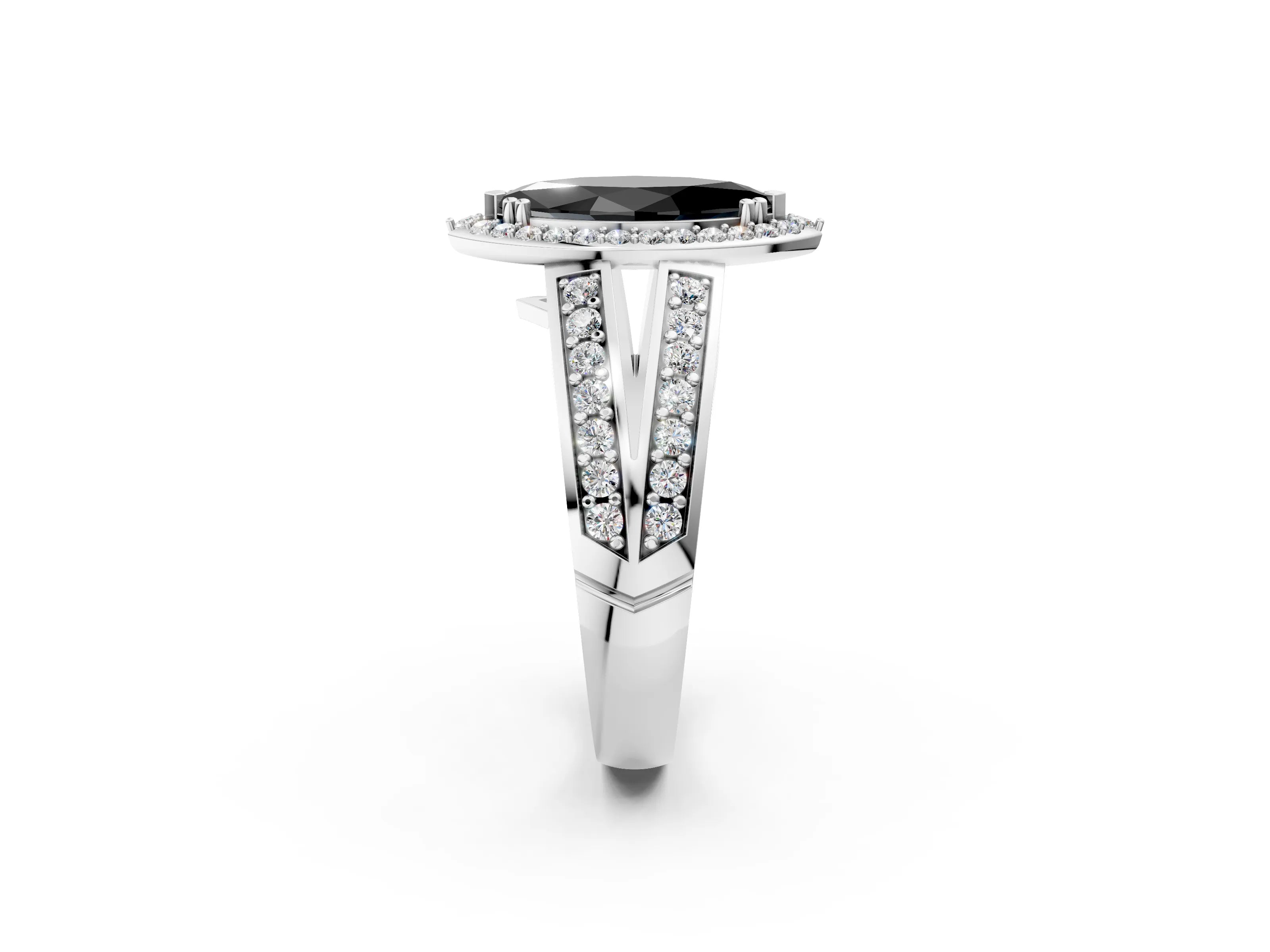 White gold Fancy Black Marquise Cut Diamond Halo Ring with Split Shank Pavé Band and Four-Prong Setting_14