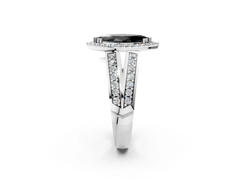 White gold Fancy Black Marquise Cut Diamond Halo Ring with Split Shank Pavé Band and Four-Prong Setting_14